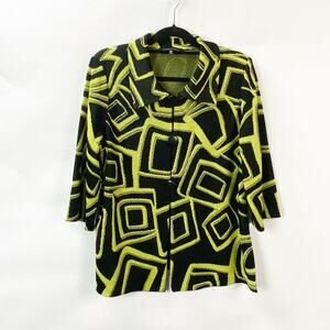 Ming Wang 0X 1X Plus Womens Black/Neon Geometric Knit Button Front Jacket